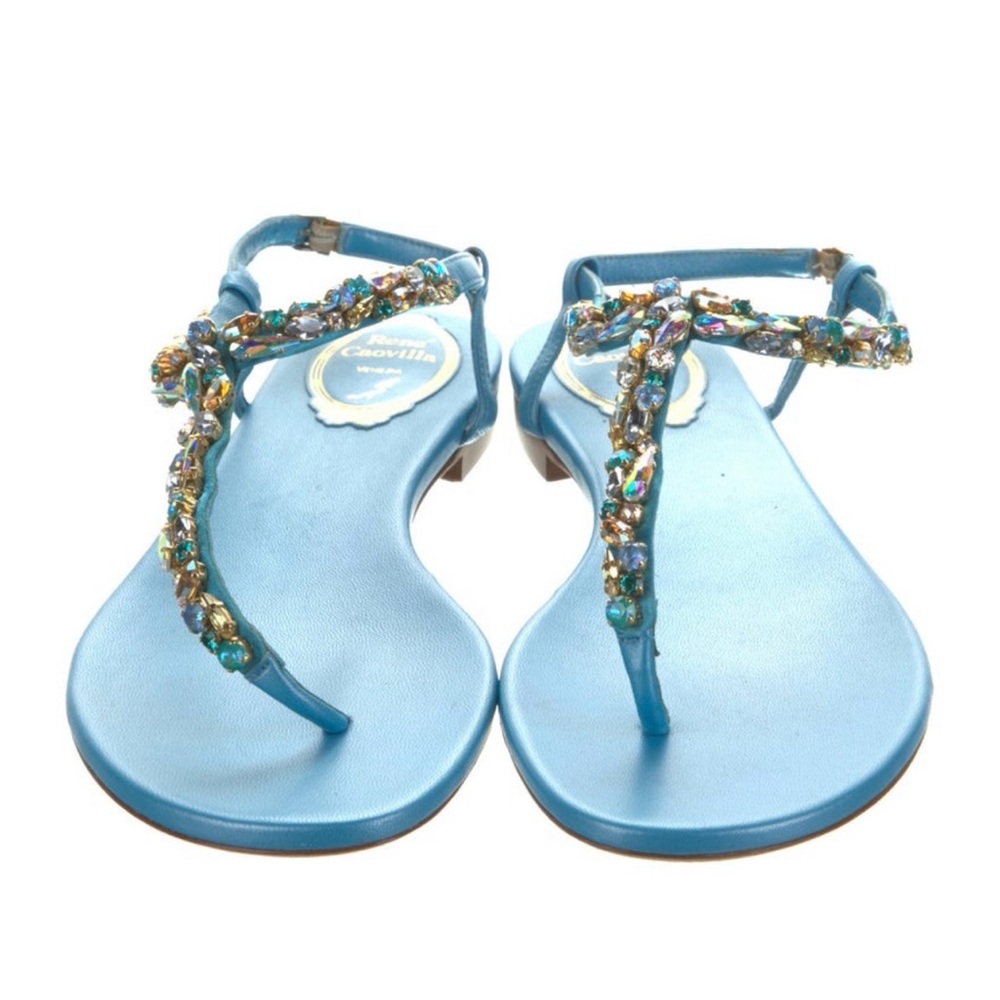 NEW Rene caovilla brand new blue gem t strap sandals pristine 38.